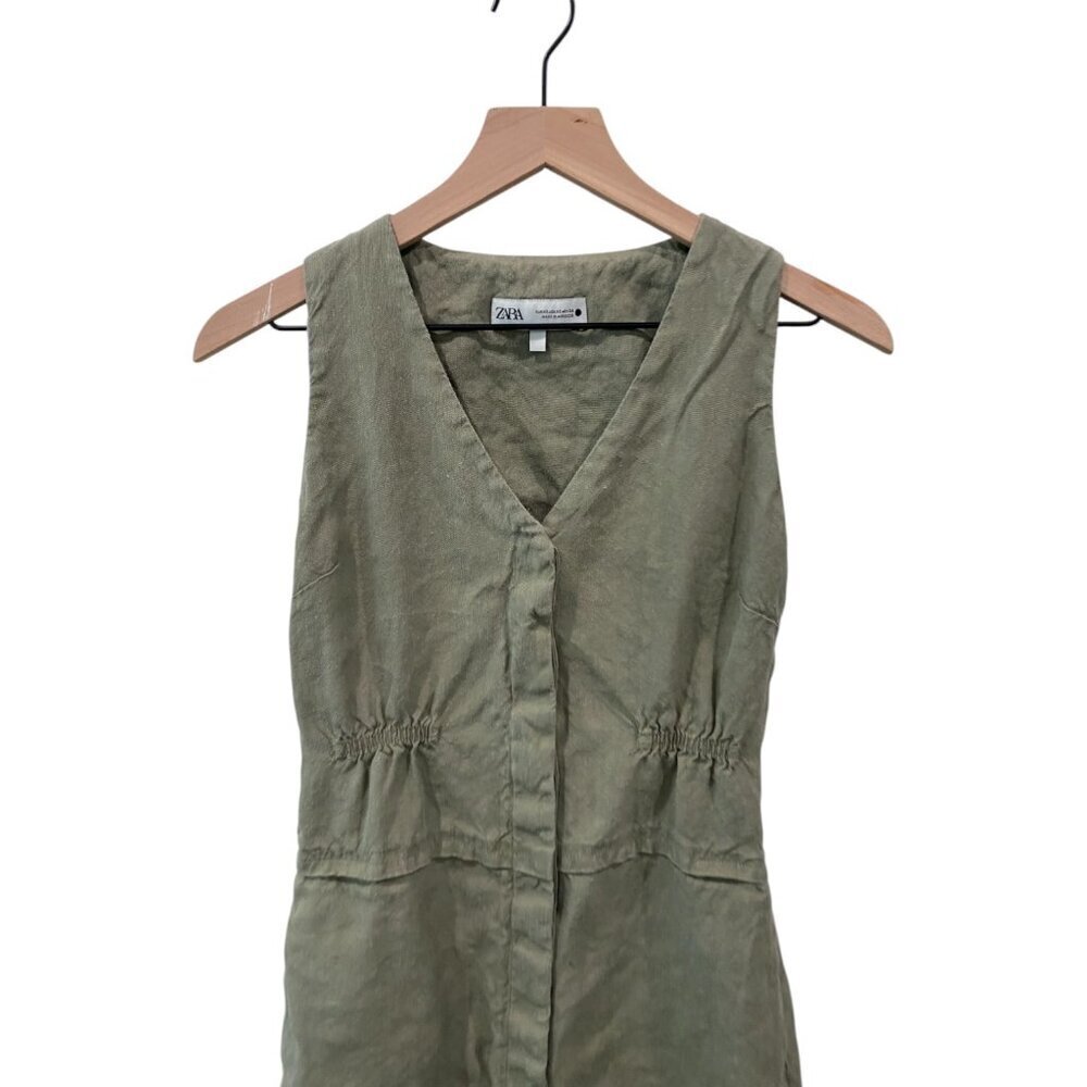 Zara ZW Collection Linen Sleeveless Elastic Waistline Button Front Midi Dress Ol - Picture 4 of 9